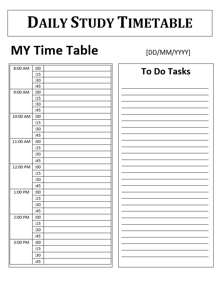 Daily Study Timetable Template
