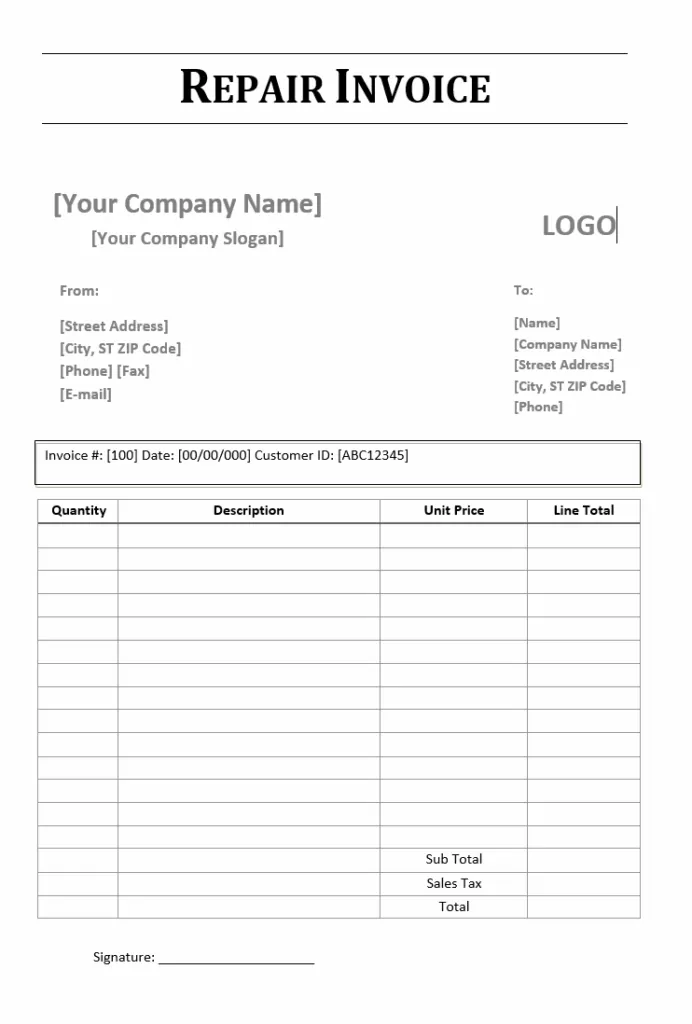 Repair Invoice Format